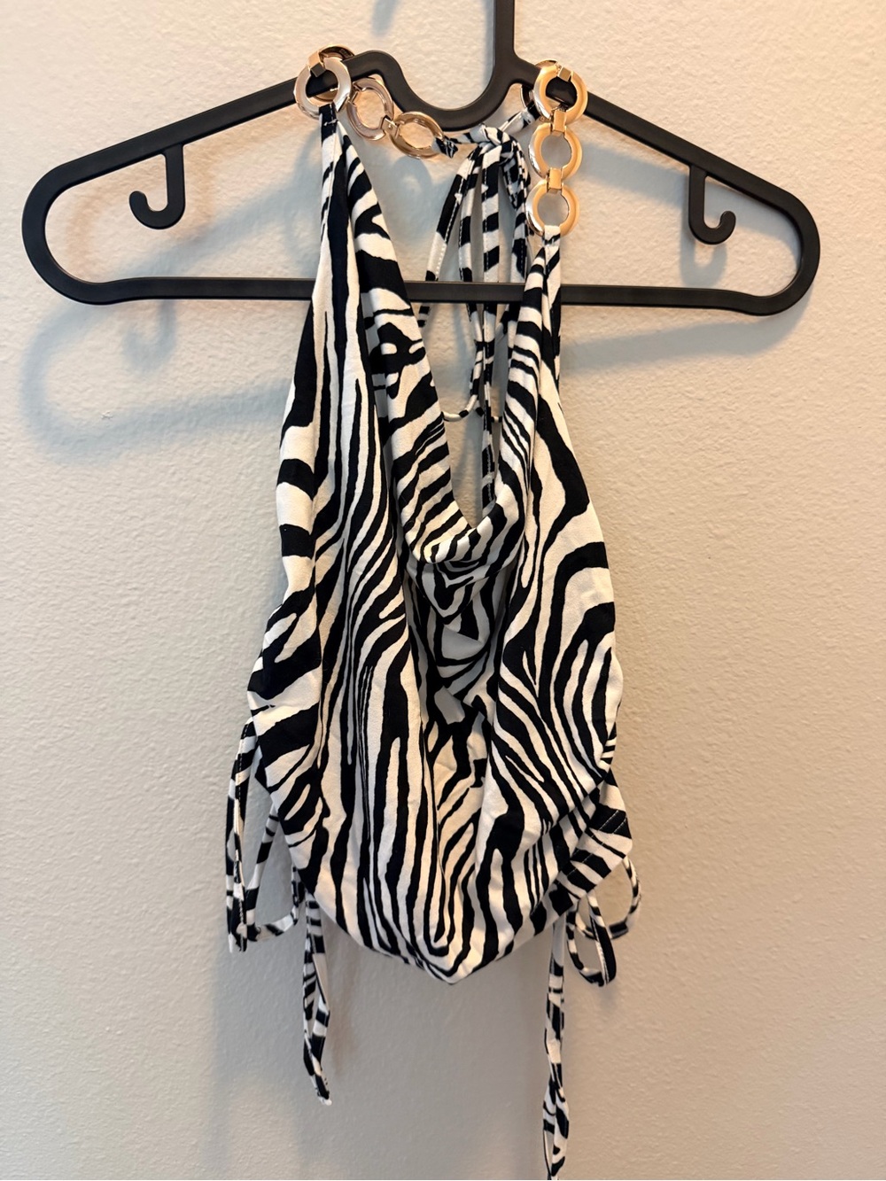 SHEIN Black and White Zebra Halter Tank with Gold Ring Accent